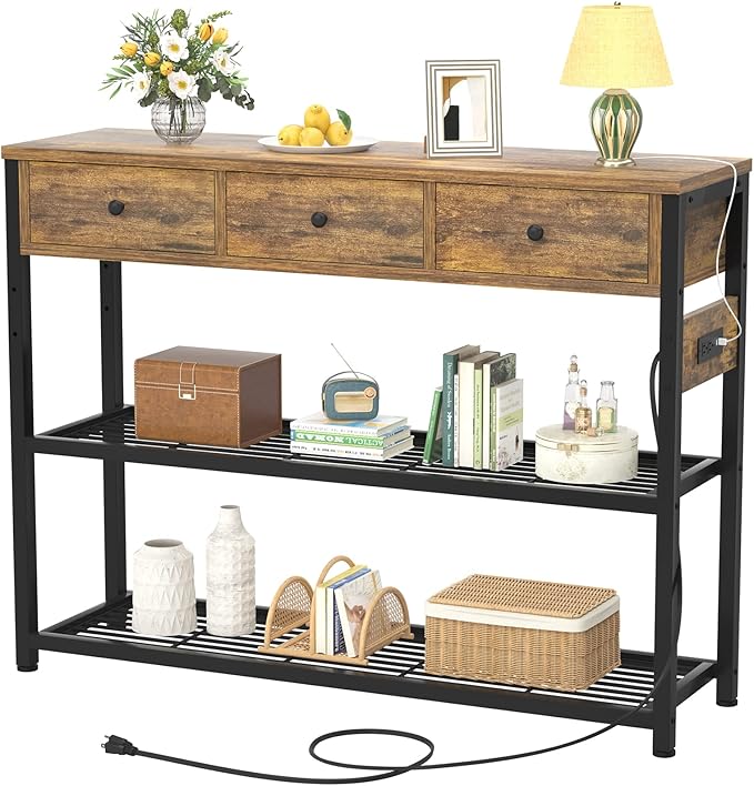Ecoprsio 47'' Entryway Table with Outlets and USB Ports, Console Table with 3 Drawers, Sofa Table Narrow Long with Storage Shelves for Living Room, Couch, Hallway, Foyer, Kitchen Counter, Rustic Brown