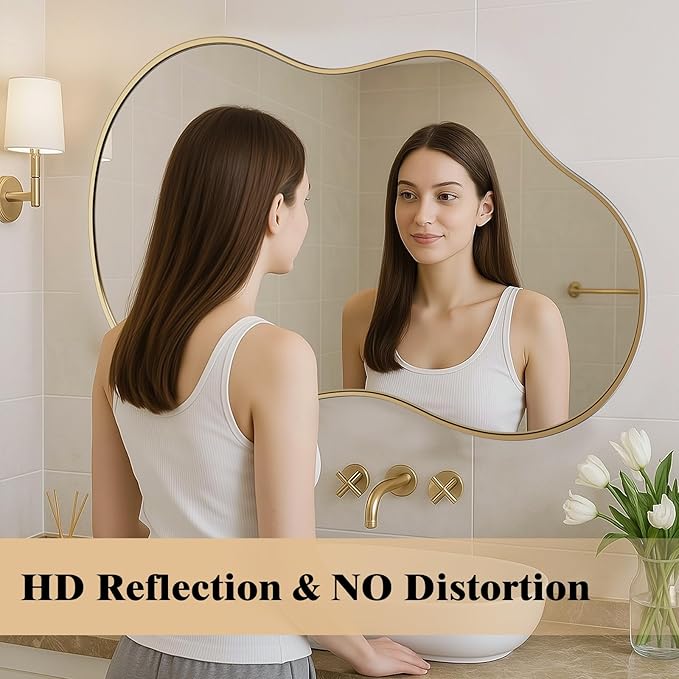 WEER Irregular Wall Mirror, 26x46 inch Gold Asymmetrical Mirror Wall Mounted Mirrors Decorative, Abstract Wavy Aluminum Alloy Frame Mirror for Bathroom, Bedroom, Living Room, Entryway