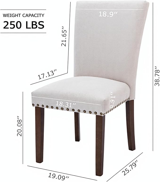 Set of 6 Beige Upholstered Dining Chairs – Farmhouse Kitchen Chairs with High Back, Solid Rubberwood Legs, Padded Foam Seat & Bronze Nailhead Trim, Comfortable Dining Room Chairs for Home