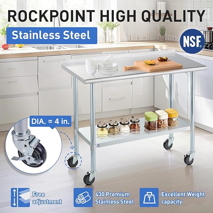 Stainless Steel Table for Prep & Work with Backsplash and Caster 30x48 Inches, NSF Metal Commercial Kitchen Table with Adjustable Under Shelf and Table Foot for Restaurant, Home and Hotel