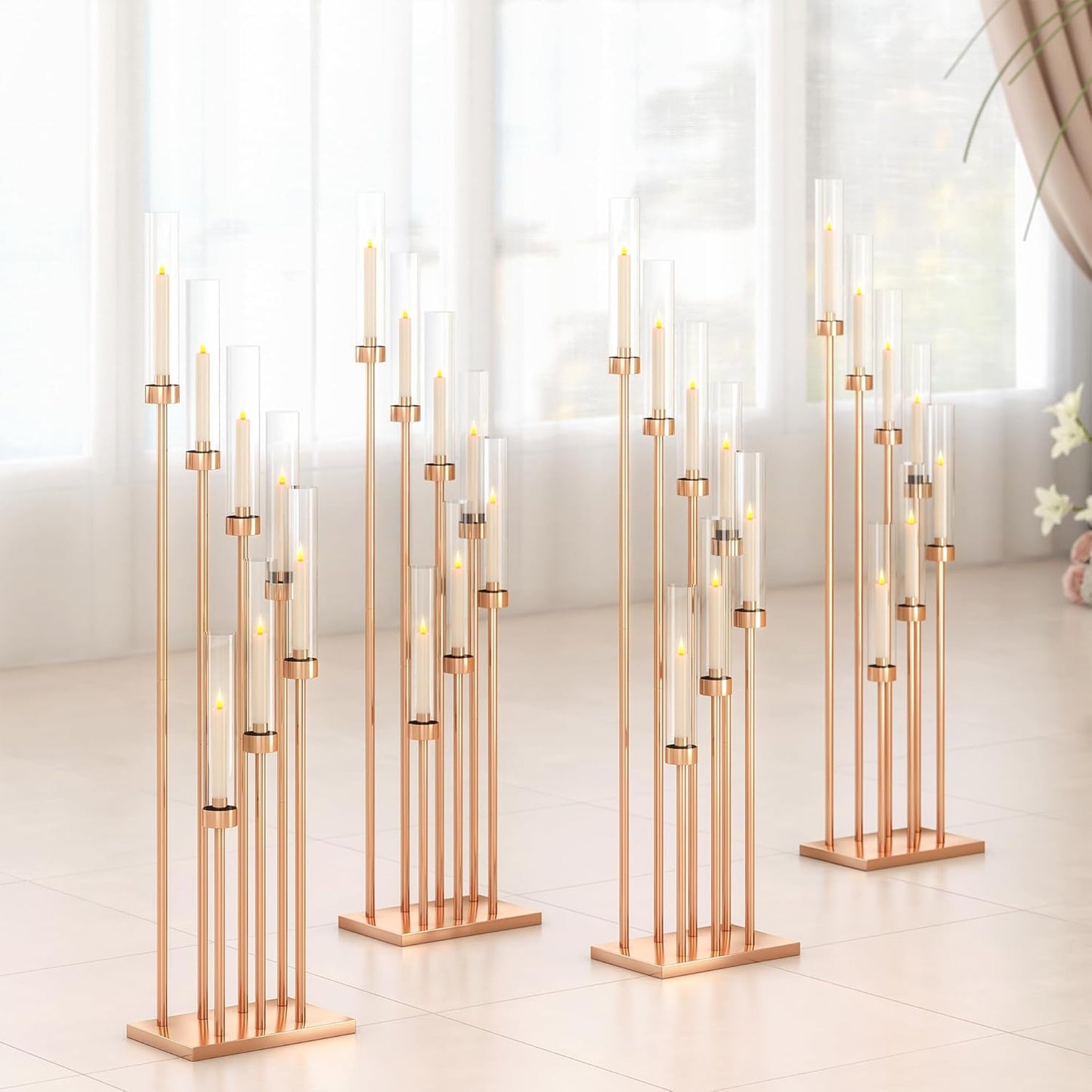 46.5'' Floor Candelabra 7 Arms Floor Candle Holders for Wedding Gold Candle Sticks Holder Decor Metal Candlestick Set with Acrylic Lampshades for Home Party (7 arm Square 46.5in)