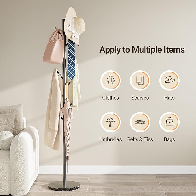ELYKEN Coat Rack Freestanding with Natural Marble Base, Metal Coat Rack Stand with 10 Hooks, 3 Adjustable Size Coat Tree for Bags, Clothes, and Hats for Entryway, Bedroom, Hallway, Office, Black