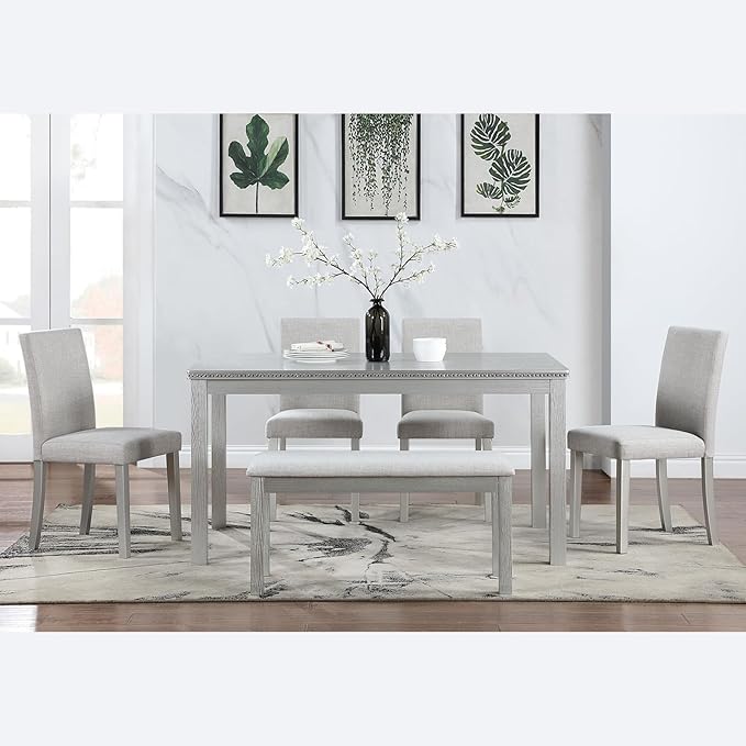 KEIKI 6-Piece Standard Height Dining Table Set with Rectangular Table, 4 Upholstered Chair, Bench, for 6 Person, Crystal Decoration Table Set, Easy Assembly, for Kitchen, Dining Room, Silver Grey