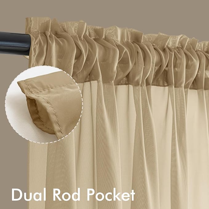 MIULEE Beige Sheer Curtains 84 Inches Long, 4 Panels Set, Rod Pocket Voile - Image 3