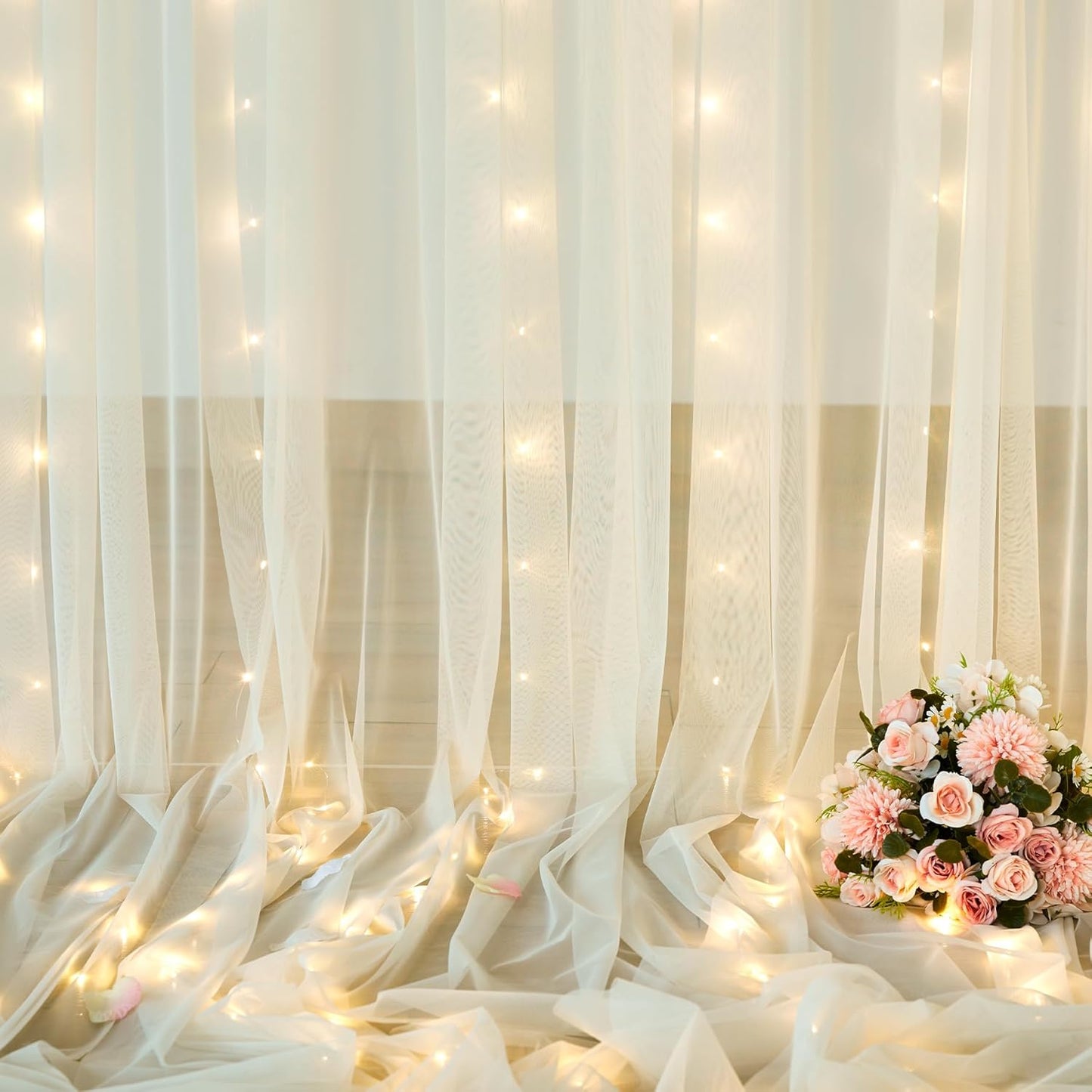 Ivory Sheer Backdrop Curtains with Lights String for Parites Wedding 10×8ft Tulle Backdrop Curtains for Baby Shower Birthday Party Photo Shoot Background Decorations