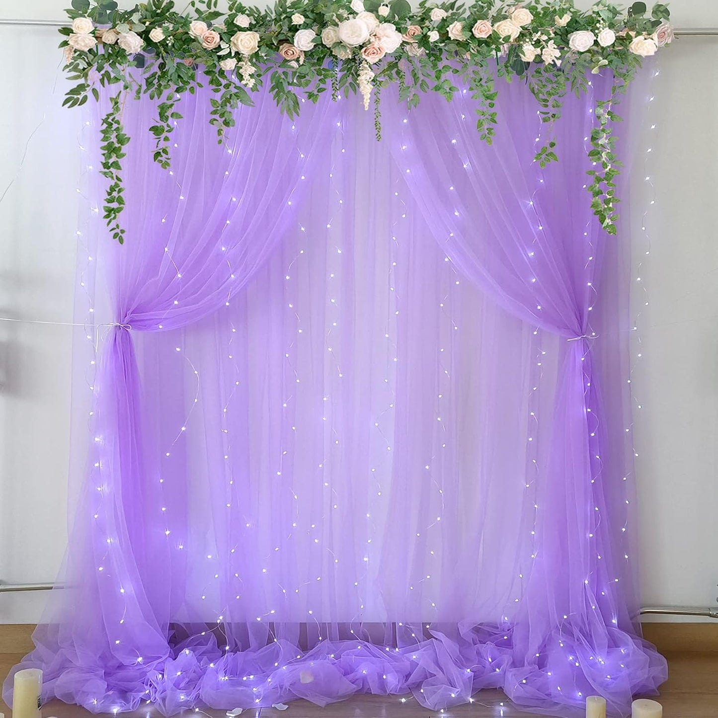 Lavender Tulle Backdrop Curtain with Lights String for Wedding Baby Shower 20×10ft Lavender Sheer Backdrop Curtain for Bridal Shower Birthday Party Photoshoot Background Decorations(4 Panels 5×10ft)