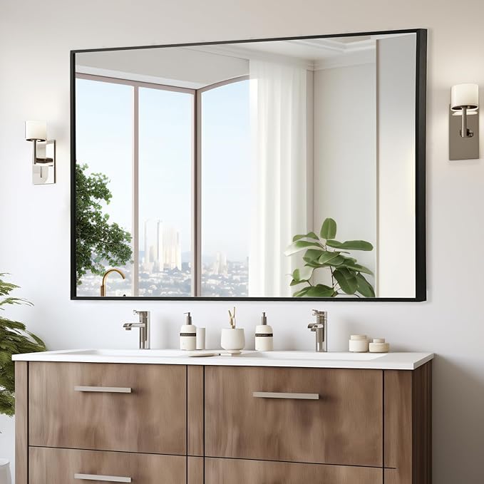 Black Bathroom Mirror, 16"x20" Rectangle Mirror, Matte Black Mirror, Metal Frame Square Corner Vanity Mirror, Wall Mounted Mirror for Modern, Living Room, Bedroom, Horizontal Or Vertical