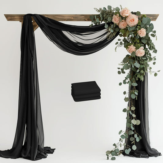 Wedding Arch Draping Fabric 3 Panels 28.7" x 20FT Black Sheer Chiffon Backdrop Drapes for Wedding Ceremony Birthday Party Bridal Shower Outdoor Decoration