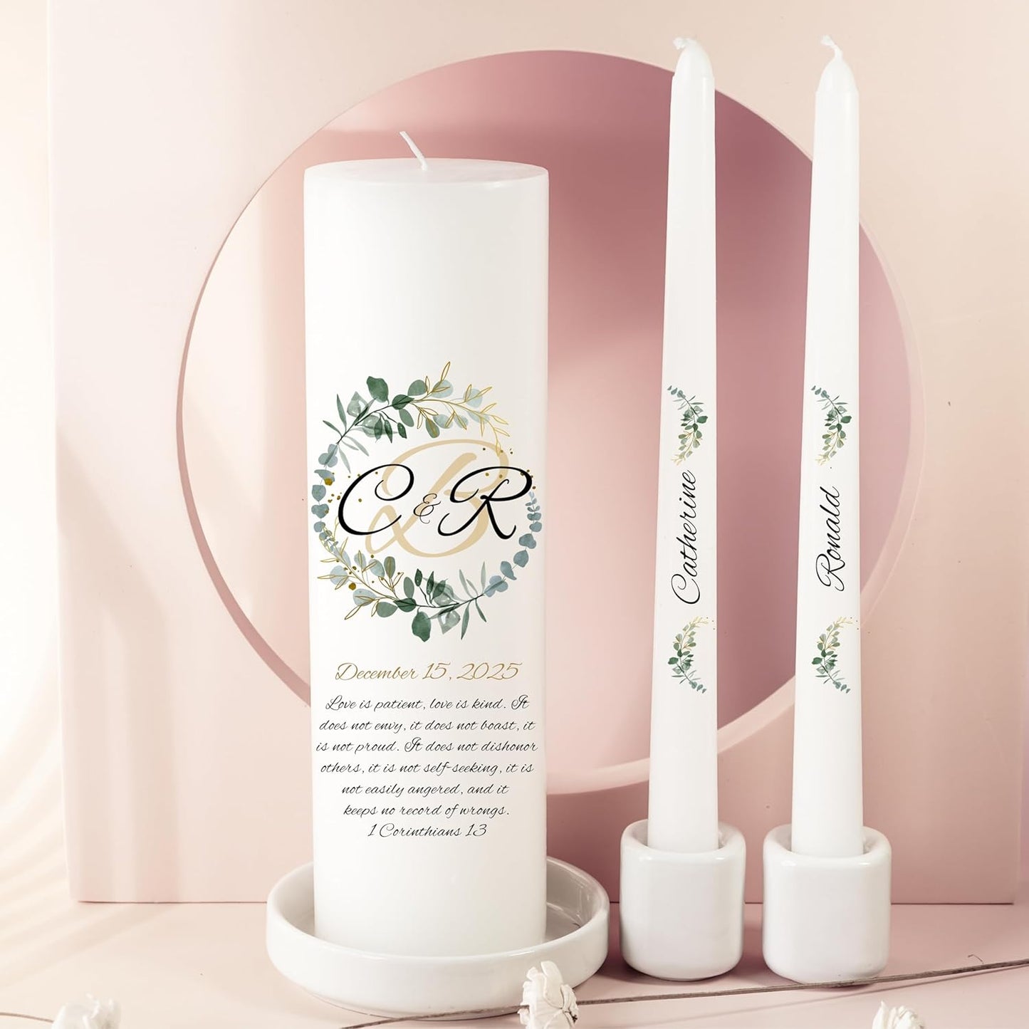Unity Candles for Wedding, Modern Unity Set, Custom and Personalized Pillar and Taper Candles with Bible Quote, Unscented White Premium Wax, Religious and Wedding Ceremony, Special Events (Zinnia)