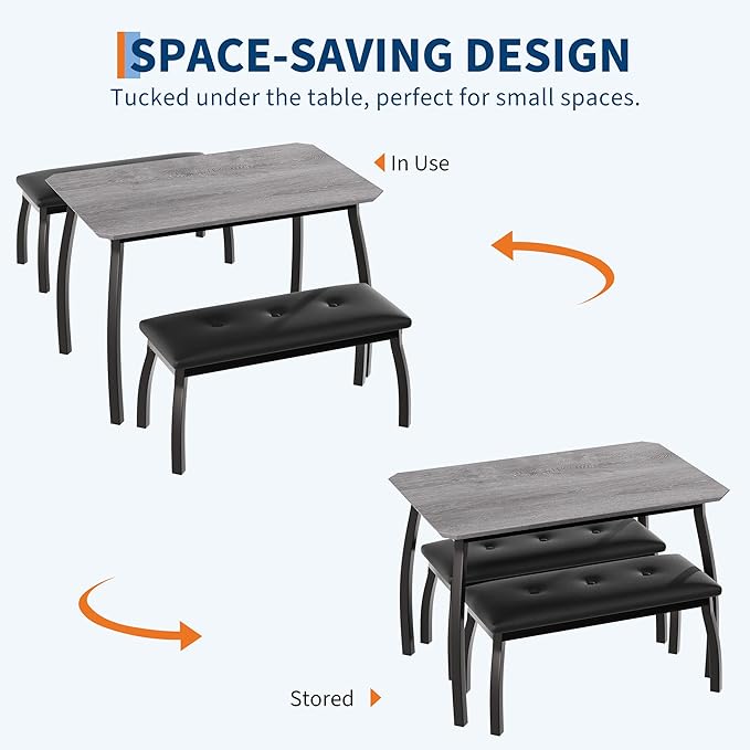 3 Piece Farmhouse Dining Table Set for 4, Compact Rustic Kitchen Table with 2 Padded Benches, Space Saving Breakfast Nook Furniture Set for Small Spaces, Apartments, Grey