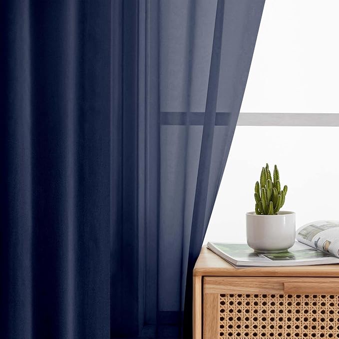 Navy Blue Sheer Curtain for Bedroom Living Room 72 Inches Long 2 Panels Set - Image 3