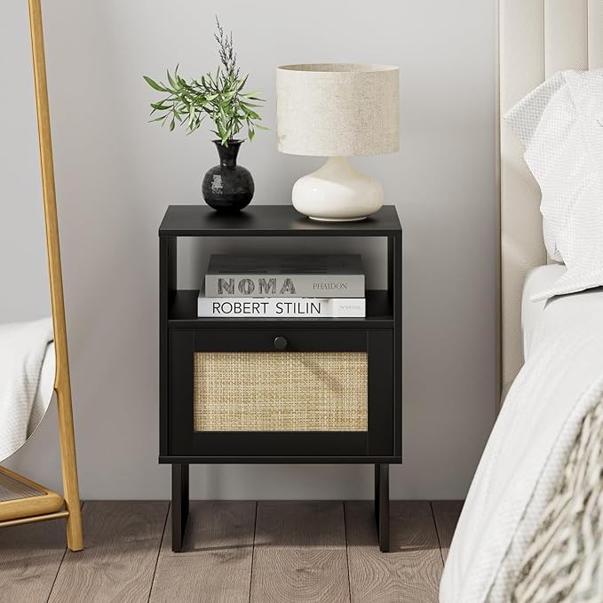 Masupu Rattan Nightstand,Boho Night Stand Modern Farmhouse Wood Bedside Table with Storage Drawer and Open Shelf,Side End Table for Bedroom,Living Room,Office Black
