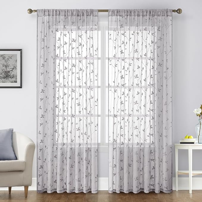 HOMEIDEAS Light Grey Sheer Curtains 52 X 96 Inches Length 2 Panels Embroidered by HOMEIDEAS