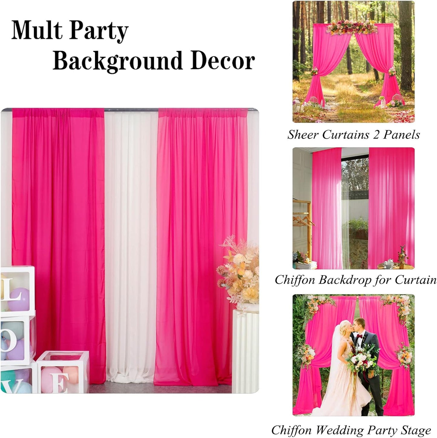 DUOBAO Hot Pink Chiffon Backdrop Curtain-2 Panels 29"x108" Wedding Backdrop Drapes Beach Curtains for Living Room Voile Window Curtain Photography Backdrops for Weddings Decor, Ceremony Decorations