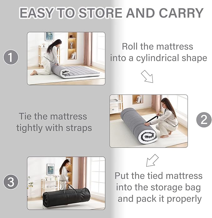Welnow Japanese Futon Floor Mattress, Full Size Thick Tatami Mat Portable & Foldable Roll Up Floor Bed Mattress with Storage Bag, Sleeping Pad for Adults, Dorm, Guest Bed, Camping and Travel, Grey