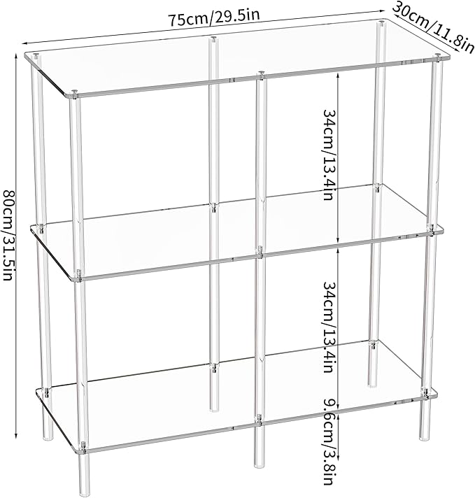 Acrylic Side Table Clear 3-Tier End Table for Living Room, Office, Hallway, Bedroom Small Bedside Table (8mm 31.7" high)