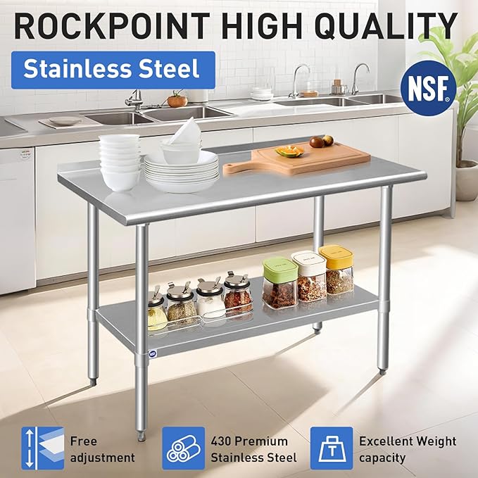 ROCKPOINT Stainless Steel Table for Prep & Work with Backsplash 30x72 Inches, NSF Metal Commercial Kitchen Heavy Duty Table with Adjustable Under Shelf and Table Foot for Restaurant, Home and Hotel