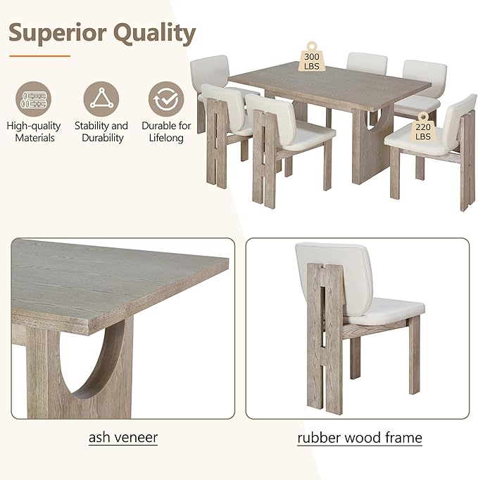 Ball & Cast 7-Piece Dining Table Set for 6 People, 59" Wood Dining Kitchen Table & Chairs Set, Dining Room Table with Trestle Base and 6 Upholstered Chairs, Perfect for Dining Room,Natural Wood Wash