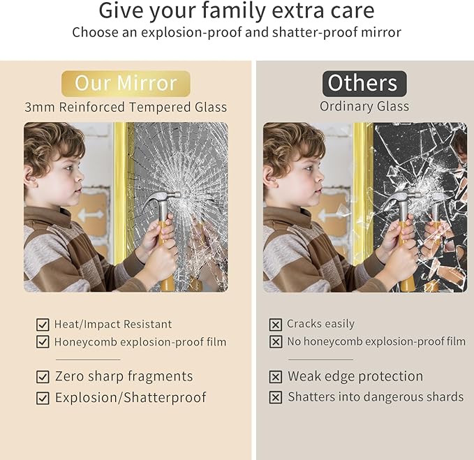 Koonmi Gold Bathroom Mirror for Wall, 30x40 Inch Matte Metal Deep Framed Rounded Corner Wall Mirror, Shatterproof Tempered Glass for Farmhouse Bedroom Entryway, Vertically or Horizontally