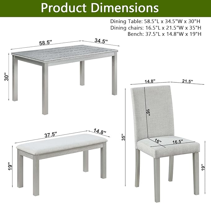 Ball & Cast 6 Piece Dining Table Set,Kitchen Table Set for 6 W/ 58.5" Rectangular Wooden Dining Table,Living Room Furniture W/ 4 Upholstered Chairs & 1 Bench,for Dining Room,Kitchen,Silver Grey