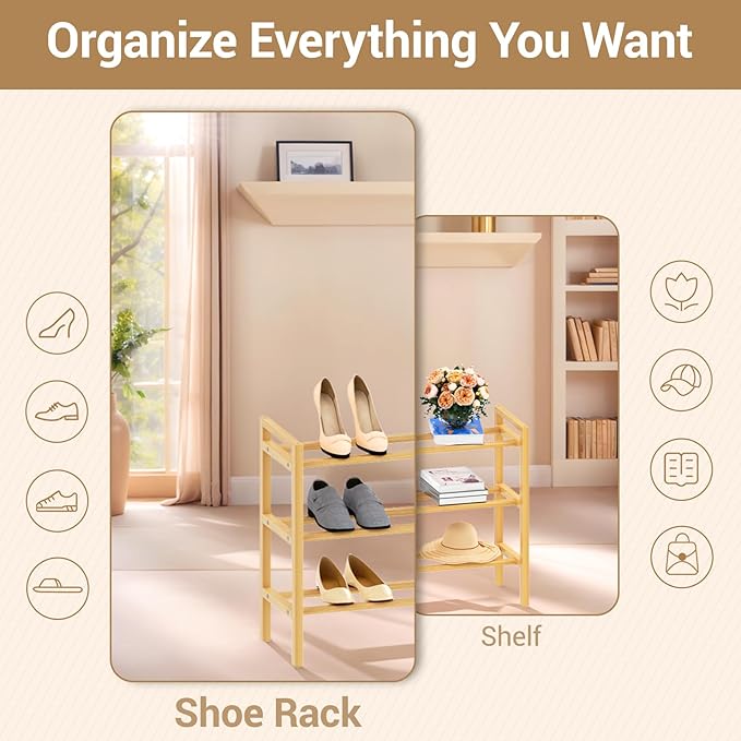 Haddockway Bamboo Shoe Rack for Closet, Free Standing Shoe Organizer with Smooth Round Rods & Convenient Handles, Stackable Shoe Storage Shelf for Entryway, Hallway(Natural, 3-Tier(Small))