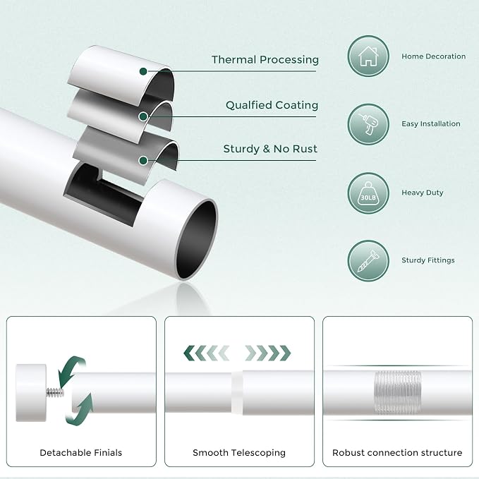 VOIIY White Curtain Rods for Windows 66 to 120 Inch, Size:36-120 Inch - Image 7