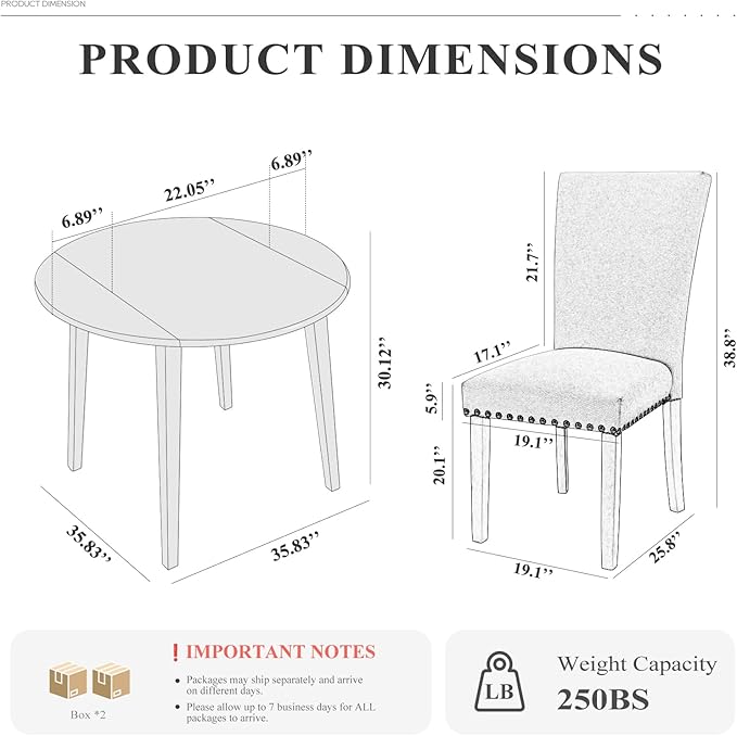 COLAMY 3-Piece Extendable Dining Table Set for 2, 36" Kitchen Round Wood Table with 2 Nailhead Dining Room Chairs,Light Brown/Black
