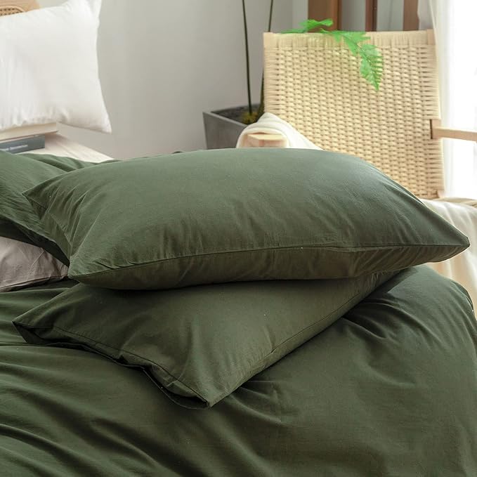 BESTOUCH Duvet Cover Set 100% Washed Cotton Linen Feel Super Soft Comfortable Chic Lightweight 3 PCs Home Bedding Set Solid Olive Green Super Queen