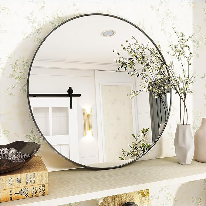 Black Round Bathroom Mirror, 30 inch Circle Wall Mounted Hanging Mirror with Simple Modern Circular Metal Frame for Hallway, Entryway, Living Room, Black Frame