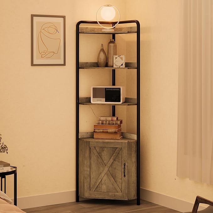 IDEALHOUSE 70.9 Inch Corner Cabinet 5-Tier Tall Corner Cabinet Farmhouse Bookshelves Rustic Storage Rack Industrial Bookcase Plant Stand for Living Room, Bedroom, Home Office, Kitchen