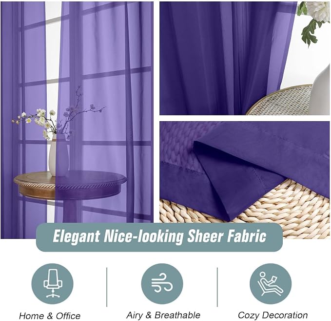 Purple Sheer Curtains 63 Inch Length 2 Panels, Voile Sheer Curtain - Image 4