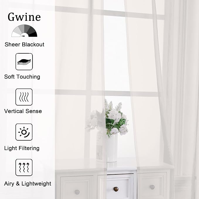 Gwine Ivory Sheer Curtains 108 Inches Long 2 Panels Set, Voile Light Filtering - Image 2