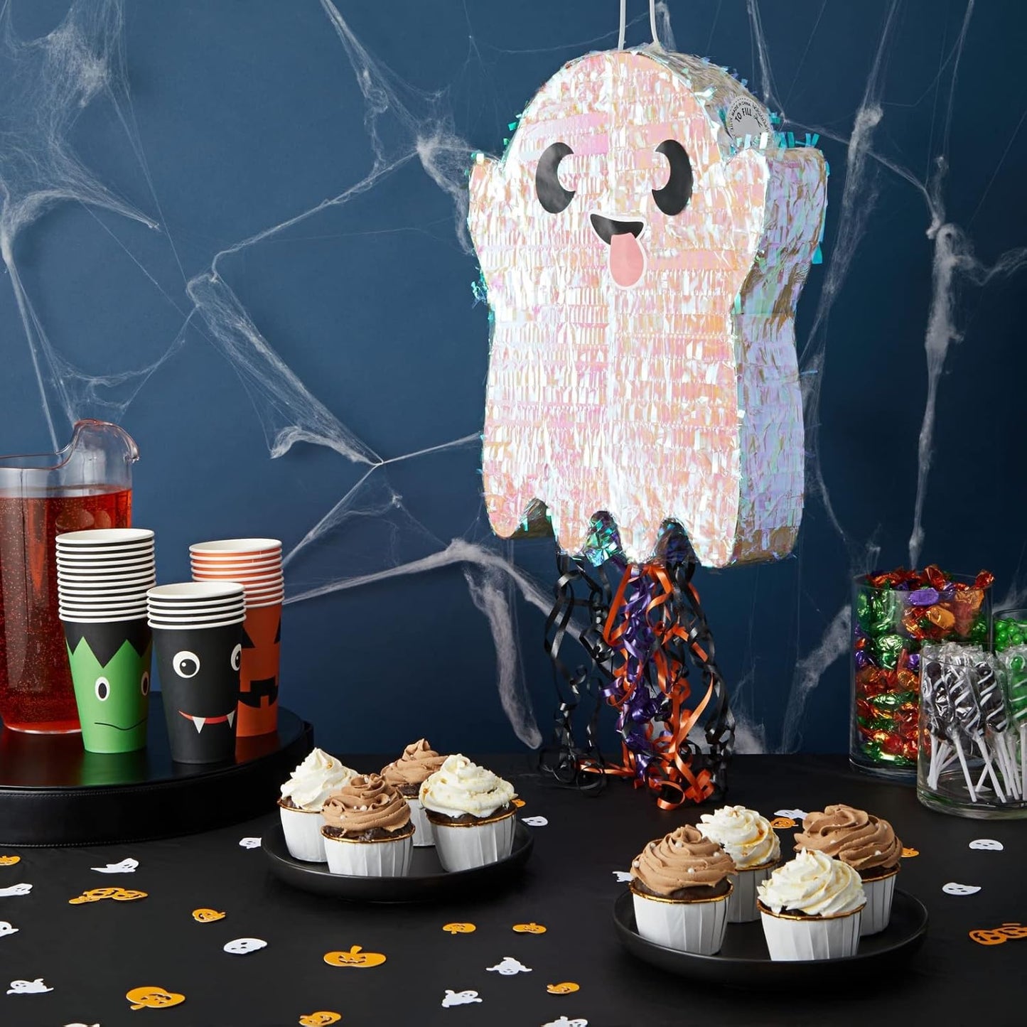 Halloween Mini Pinata Pull String Ghost - 17 x 13 x 3 in, Multicolor Iridescent Paper - Halloween Pinata Party Supplies & Decor for Trick or Treat - Sturdy Paper Design & Easy-Hang