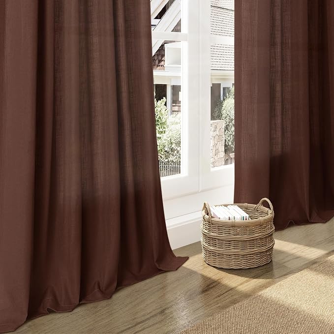 Nanspring Rustic Brown Linen Curtains Semi Sheer 96 Inches Long 2 Panels Set - Image 6