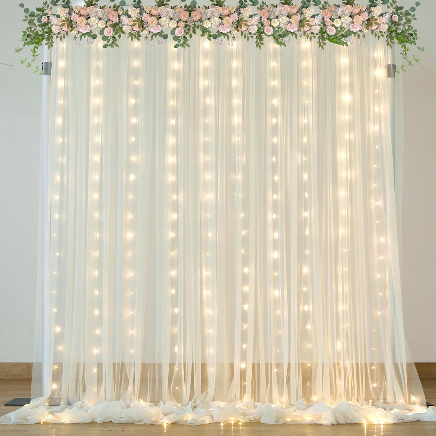 Ivory Tulle Backdrop Curtains with Lights String for Parites Wedding 10×10ft Sheer Backdrop Curtains for Baby Shower Birthday Party Photo Shoot Background Decorations