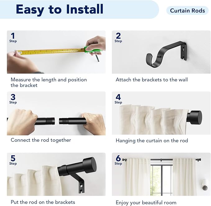2 Pack Curtain Rods for Windows 72 to 144 Inch, 1 Inch Black Adjustable Heavy Duty Extra Long Curtain Rod Set with End Cap, Modern Outdoor Drapery Rods for Patio Bedroom, Size 32"- 150"