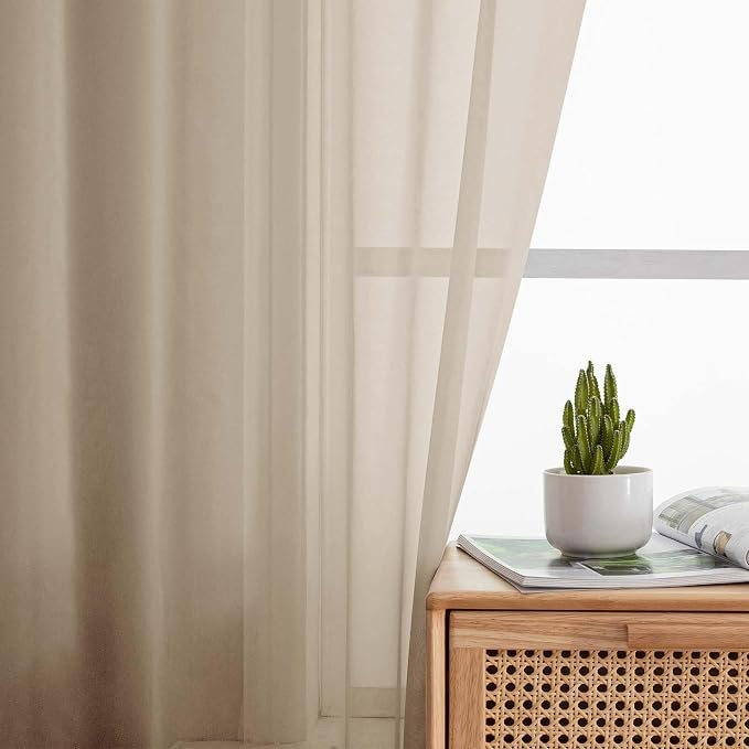 Sheer Taupe Curtains for Bedroom Living Room 90 Inches Long 2 Panels Set - Image 6