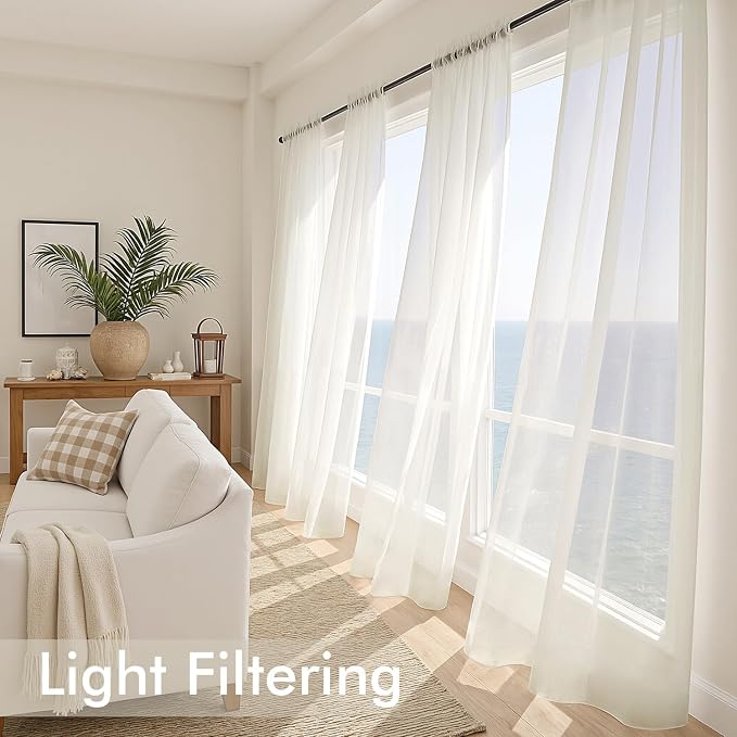 MIULEE Ivory Sheer Curtains 108 Inches Long, 4 Panels Set, Light Filtering Rod - Image 4