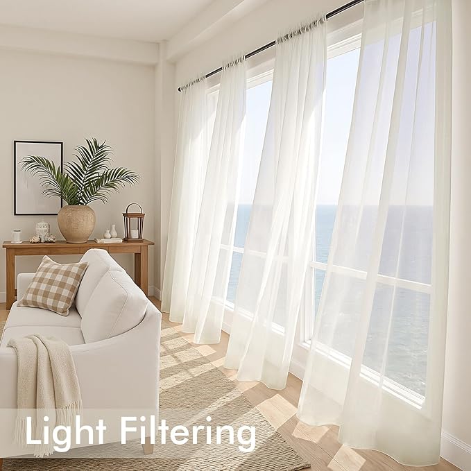 MIULEE Ivory Sheer Curtains 108 Inches Long, 4 Panels Set, Light Filtering Rod - Image 4