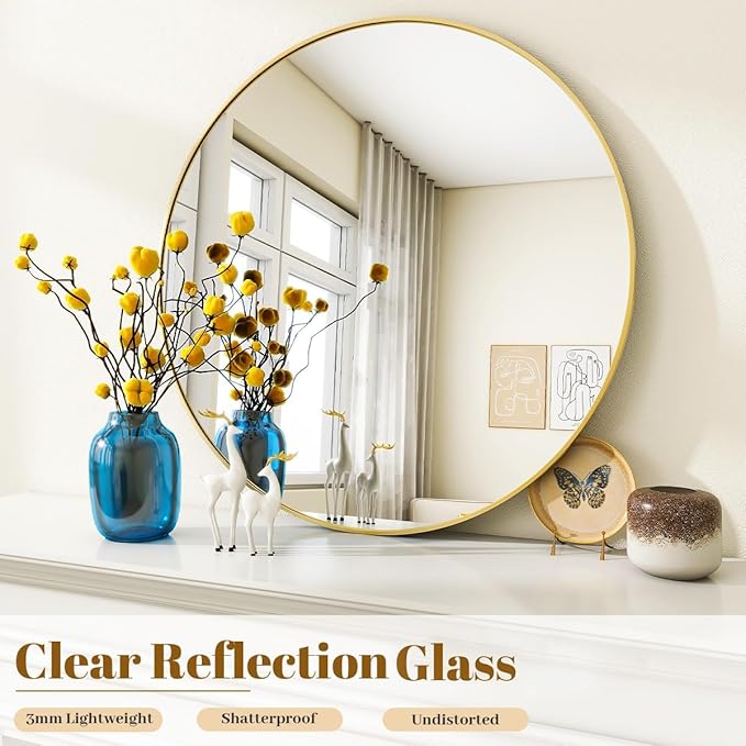 Gold Round Bathroom Mirror, 30 inch Circle Wall Mounted Hanging Mirror with Simple Modern Circular Metal Frame for Hallway, Entryway, Living Room, Gold Frame