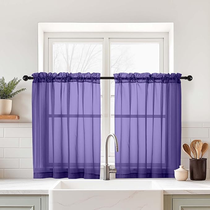 Purple Small Sheer Curtains Tier 24 Inches Length 2 Pieces, Light Filtering by Home