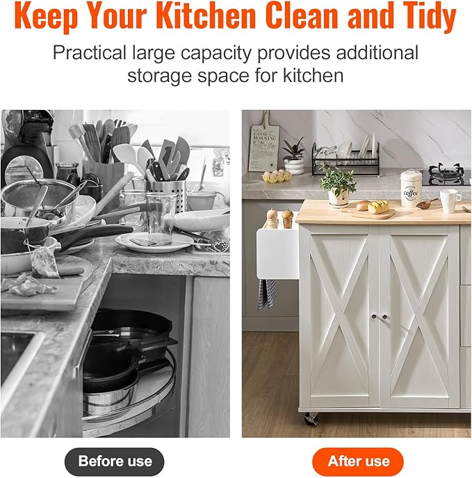 VEVOR Kitchen Island Cart with Solid Wood Top, 35.4" Width Mobile Carts with Storage Cabinet, Rolling Kitchen Table with Spice Rack, Towel Rack, Drop Leaf and Drawer, Portable Islands on Wheels, White