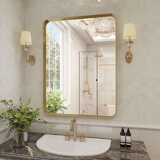 Bathroom Mirror 30x40 inch, Gold Gorgeous Deep Frame Wall Mirror, Modern Round Corner Bathroom Vanity Mirror for Bedroom, Living Room, Hanging or Leaning Horizontal or Vertical, Gold