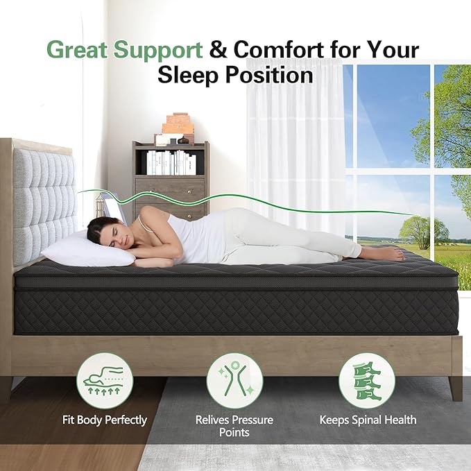 Full Mattress, 12 Inch Mattresses Hybrid Euro Top Mattress Medium Firm for Back & Lumbar Support, 100 Night Trial, Individual Pocket Spring Bed for Motion Isolation & Pressure Relief