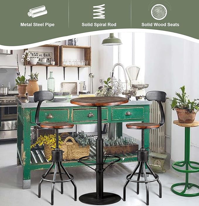 LOKKHAN Set of 2 Rustic Industrial Bar Stool-24-30 Tall Adjustable Metal Swivel Wooden Top Barstools-Counter Height Bar Height-Vintage Farmhouse Kitchen Breakfast Cafe Stool-with Backrest