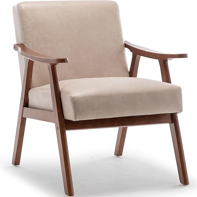 KEIKI Mid Century Modern Accent Chair w/High Wingback,Comfy Fabric Living Room Chairs with Solid Wood Frame, Lounge Reading Armchair, Easy Assembly, Light Camel