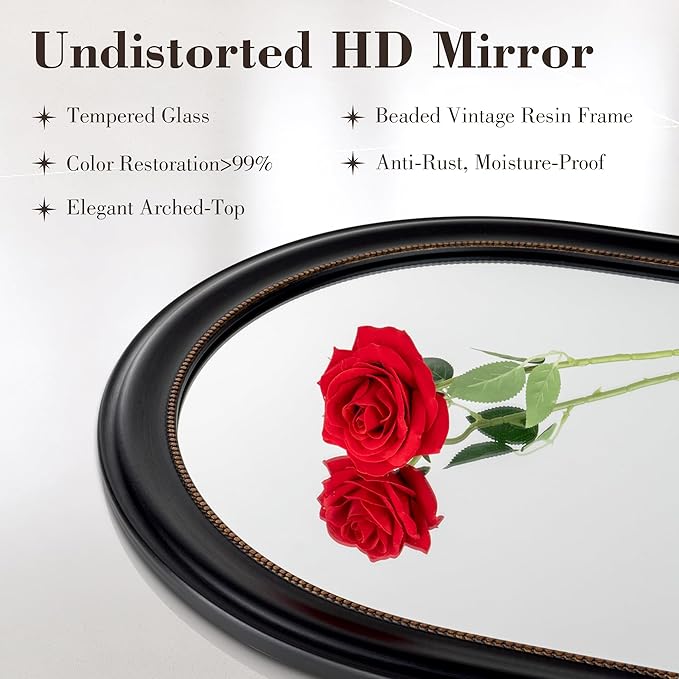 Axeman 32x48 Arched Wall Mirror, Decorative Bathroom Mirror, Traditional Vintage Wall Mounted Mirror with Beaded Frame for Accent Living Room Vanity Bedroom Entryway, Black