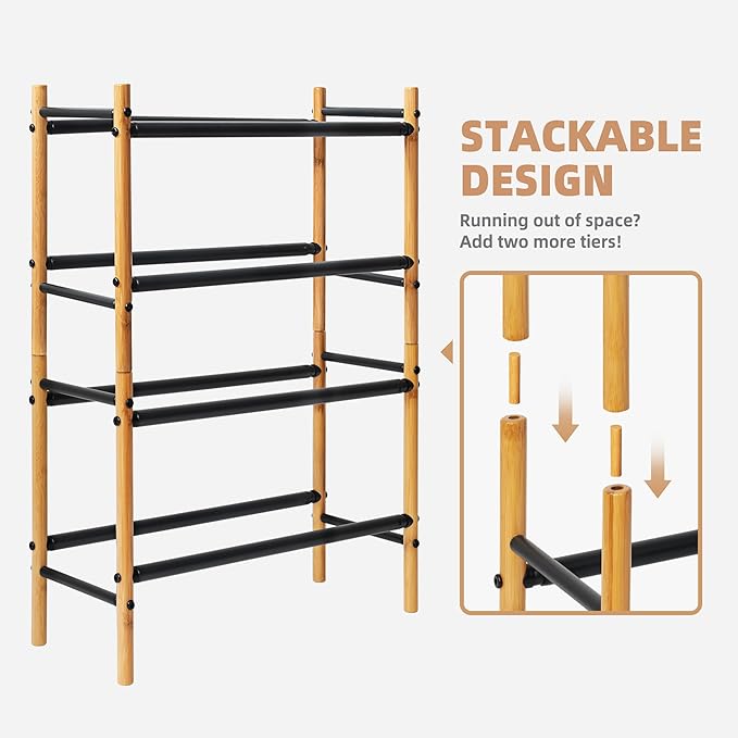 STORAGE MANIAC Expandable Shoe Rack, 12 Pairs Stackable Small Shoe Rack, Metal Adjustable Shoes Organizer for Closet, Entryway, Hallway, Garage, Front Door, Shoes Shelves, Bamboo 3 Tier