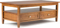 SIMPLIHOME Warm Shaker Coffee Table - 48 inch Wide Solid Wood Cocktail Table in Light Golden Brown, Transitional Living Room Table with 2 Storage Drawers and Open Shelf for Sitting Area or Lounge