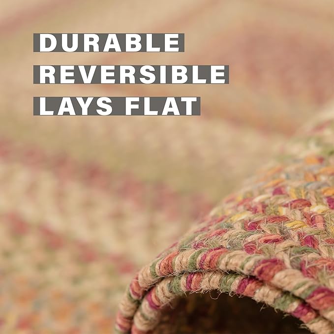 Homespice Harvest Premium Jute Braided Area Rug, 5' x 8' Oval Beige - Tan - Red - Sage - Green, Reversible, Natural Jute Yarn Rustic, Country, Primitive, Farmhouse Style - 30 Day Risk Free Purchase